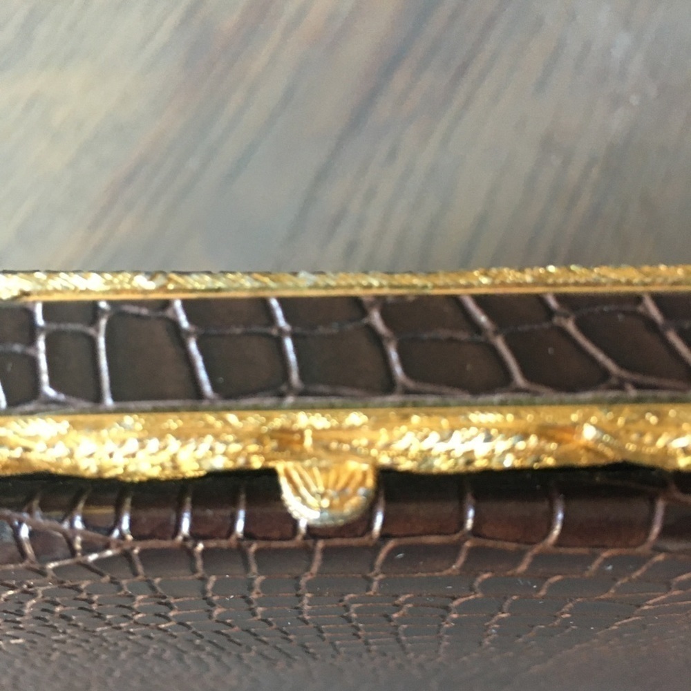 Vintage Handbag Chocolate Brown Croc Pattern with gold tone trim by After Five - Picture 2 of 16